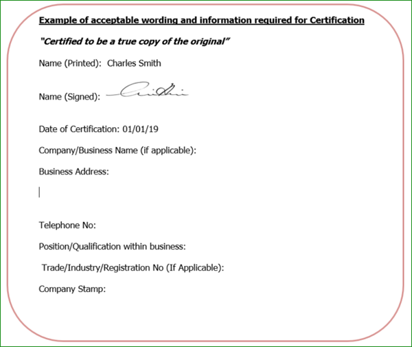 Example of acceptable wording and information required for certification